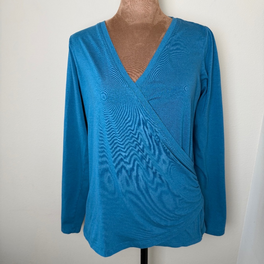 LL Bean Ruched Wrap Shirt Womens Small Reg Teal Balletcore Top Blouse 282483